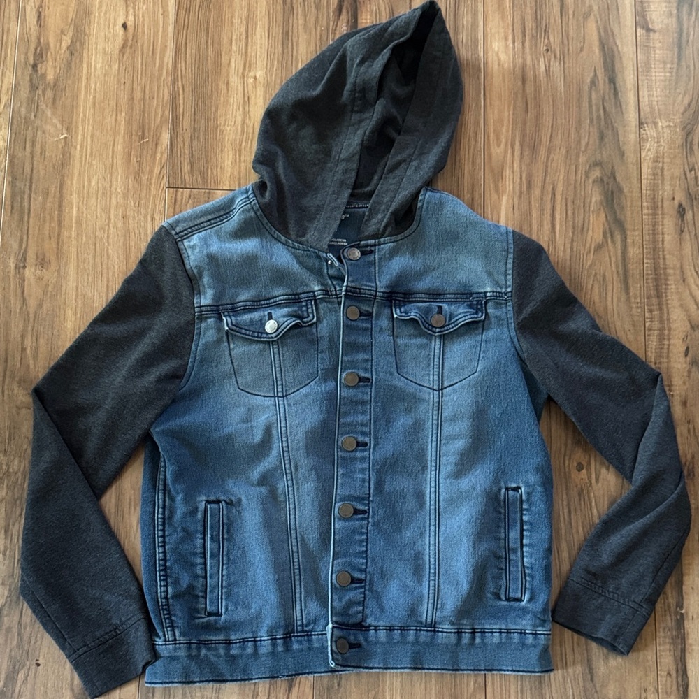 art class dark denim jacket with charcoal knit hood